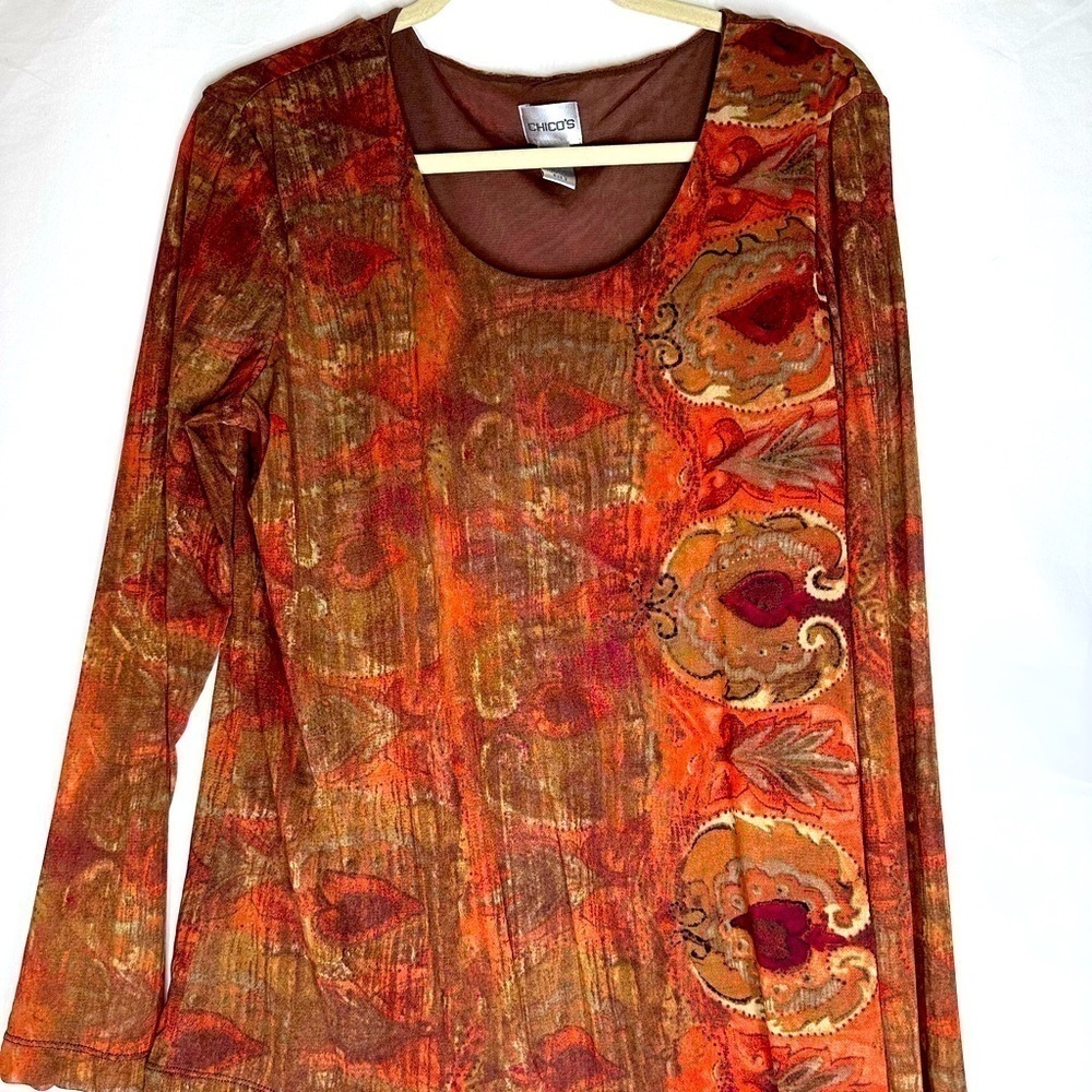 Chico’s Women’s Brown & Orange Paisley Long-Sleeve Blouse